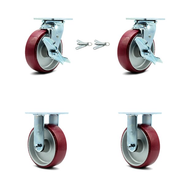 6 Inch Poly on Aluminum Caster Set with 2 Brakes/Swivel Lock 2 Rigid SCC
